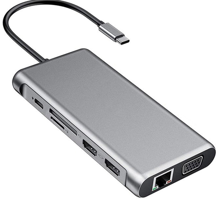 12イン1 HDMI x2 + USB3.0 + USB2.0 + PD充電 + VGA + RJ45 + 3.5mmジャック + TF/SD x2 タイプC / USB-C ハブドッキングステーション