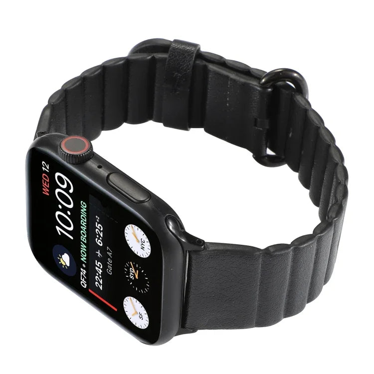 Apple Watch replacement strap in black leather with stylish loop stripes pattern, adjustable and comfortable fit.
