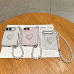 Side Buckle Shell Pattern Heart Phone Case with Beaded Strap, For iPhone Duo