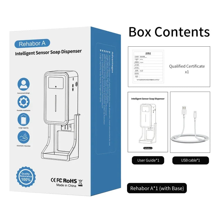 Rehabor A ハンズフリー非接触体感光距離センサー温度計＋450ml自動非接触液体石鹸噴霧ディスペンサー ベースマウント付き、Rehabor A