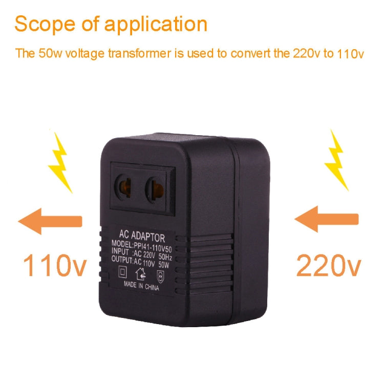 220Vから110V 50W AC電源ソケットアダプター、EU/USプラグからUSプラグへ、220Vから110V 50W