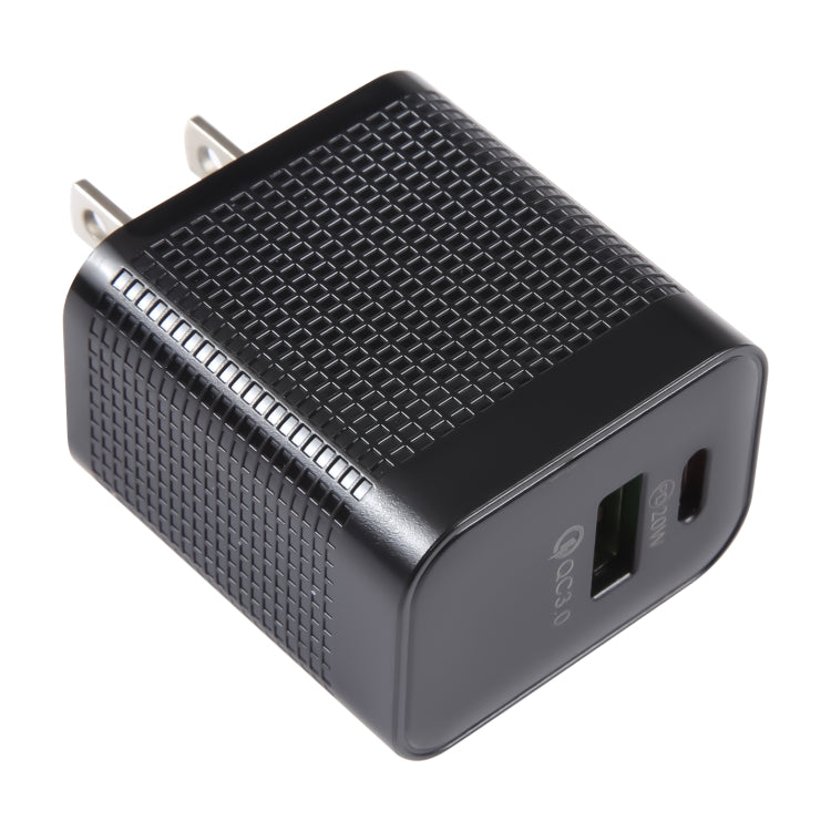 PD 20W USB-C/Type-C＋QC 3.0 USBポート チェック柄トラベル充電器、USプラグ、USプラグ（ブラック）