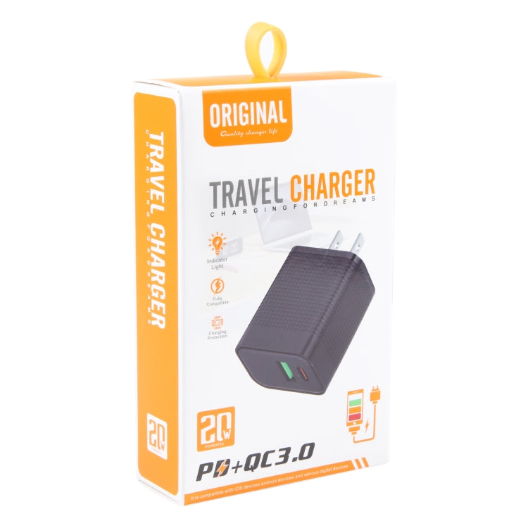 PD 20W USB-C/Type-C＋QC 3.0 USBポート チェック柄トラベル充電器、USプラグ、USプラグ（ブラック）