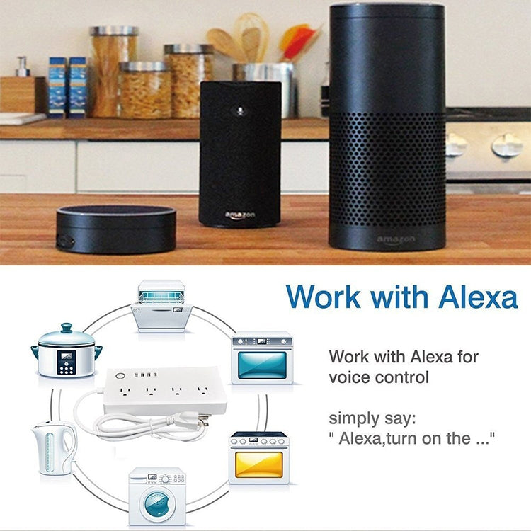 USBポート4個＋USプラグジャック4個 WiFiリモートコントロールスマート電源ソケット Alexa＆Google Home対応、AC 110-240V、USプラグ、USB4個＋USプラグ4個(USプラグ)