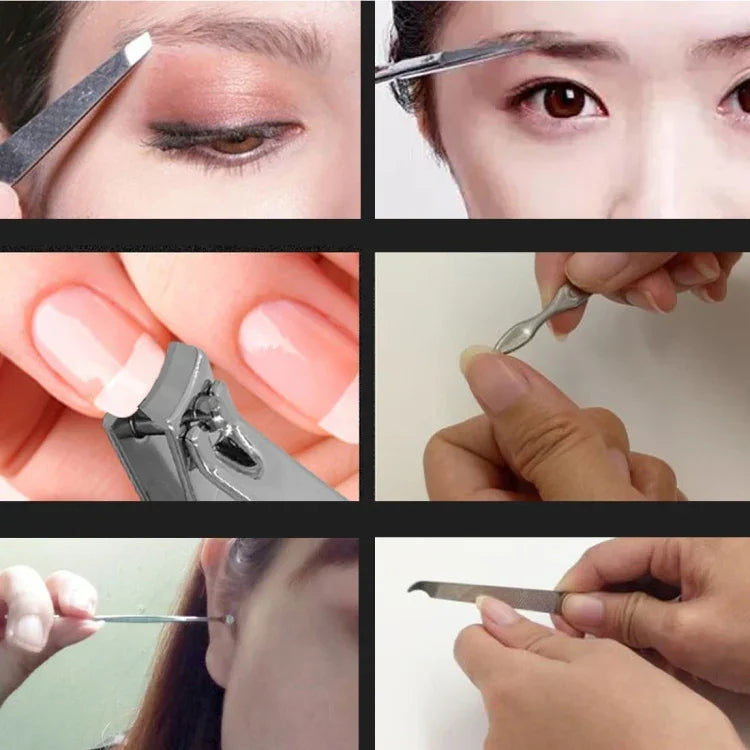 7-in-1 ネイルケアクリッパー ペディキュアマニキュアキット（フラットネイルクリッパー、斜めネイルニッパー、ダブルピック、眉はさみ、眉毛ピンセット、耳かき、両面ネイルファイル）レザーバッグ付き 7-in-1