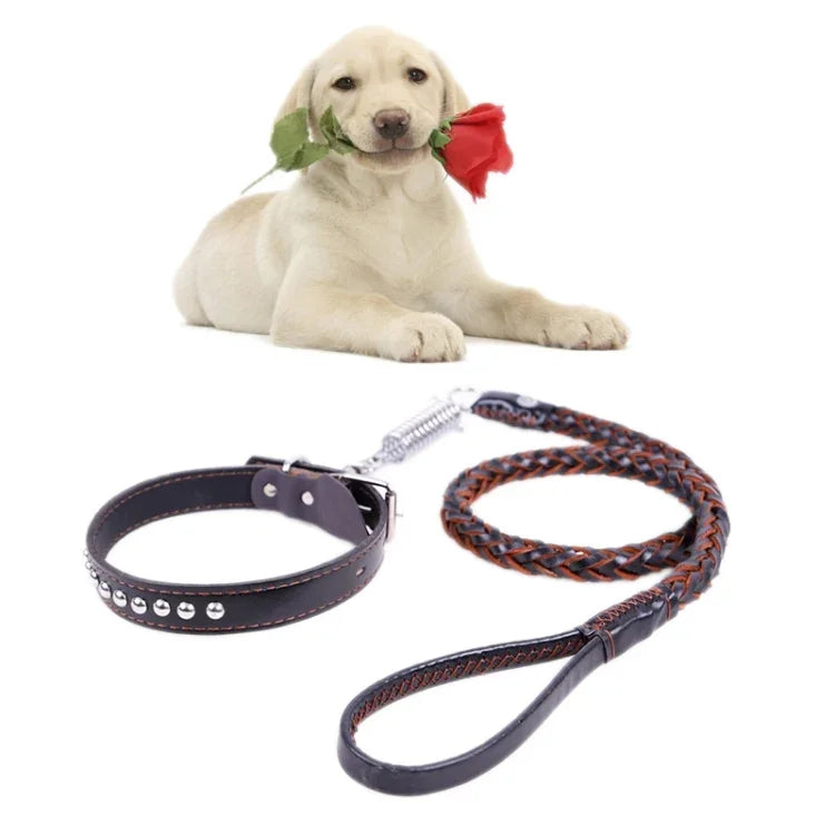 牛革トラクションベルト犬用首輪伸縮式犬用ロープ、中型・大型犬用、M、ロープ長さ: 128cm 首輪サイズ: 32-44cm