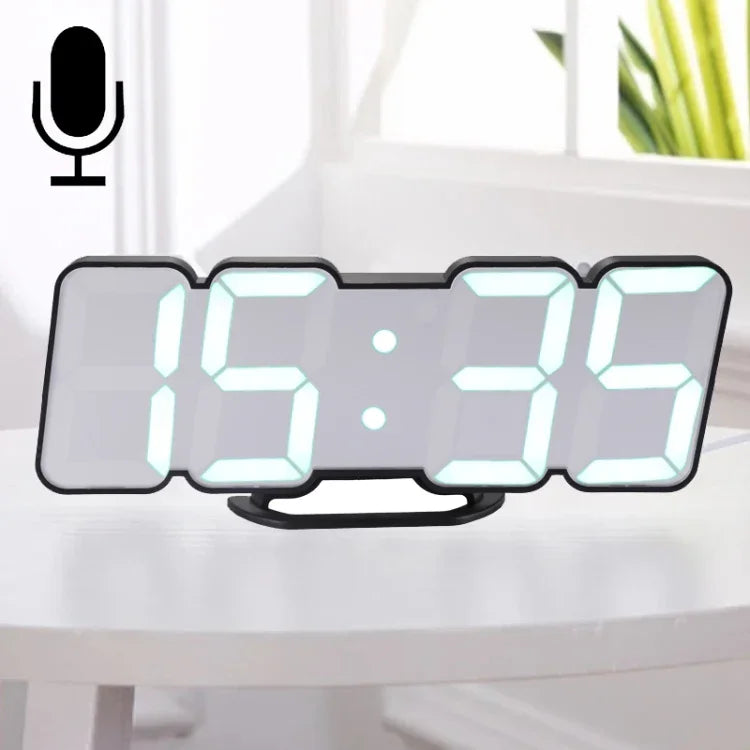 モダン3D LED音声制御カラフルデジタル目覚まし時計 明るさ調整可能 電子壁掛け発光時計 リモコン付き 9001ブラック、9001ホワイト