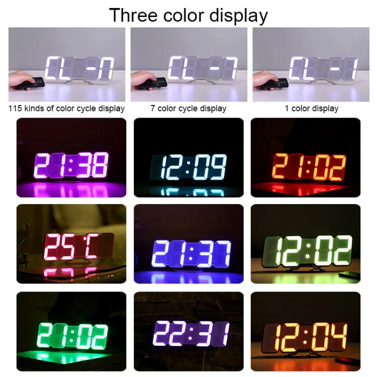 モダン3D LED音声制御カラフルデジタル目覚まし時計 明るさ調整可能 電子壁掛け発光時計 リモコン付き 9001ブラック、9001ホワイト