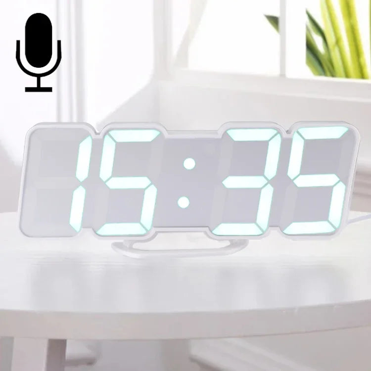 モダン3D LED音声制御カラフルデジタル目覚まし時計 明るさ調整可能 電子壁掛け発光時計 リモコン付き 9001ブラック、9001ホワイト
