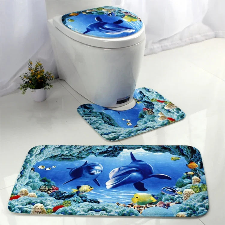 欧米スタイル 水中世界プリント柄 トイレマット3点セット
