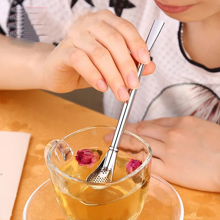 ステンレス製 茶葉ろ過用 飲料用ストロー ハーブティーフィルター ティーストレーナー ジュース カフェ コーヒー攪拌スプーン
