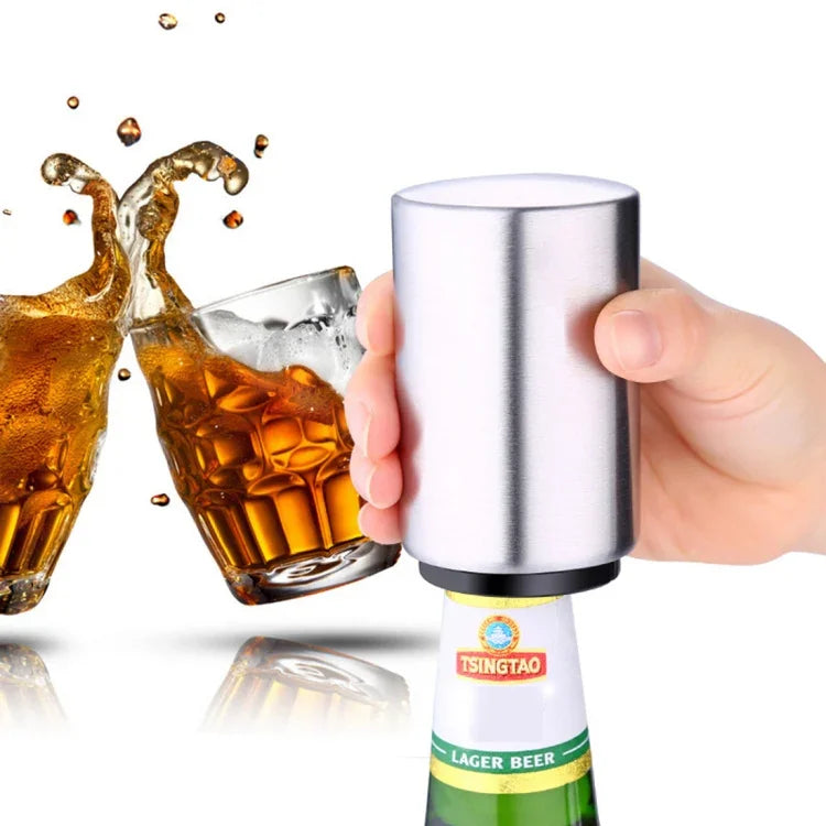 磁気自動ビール瓶キャップオープナー ステンレス製プッシュダウン式ビールオープナー キッチンガジェット、サイズ：8.5 x 5.2cm、磁気オープナー