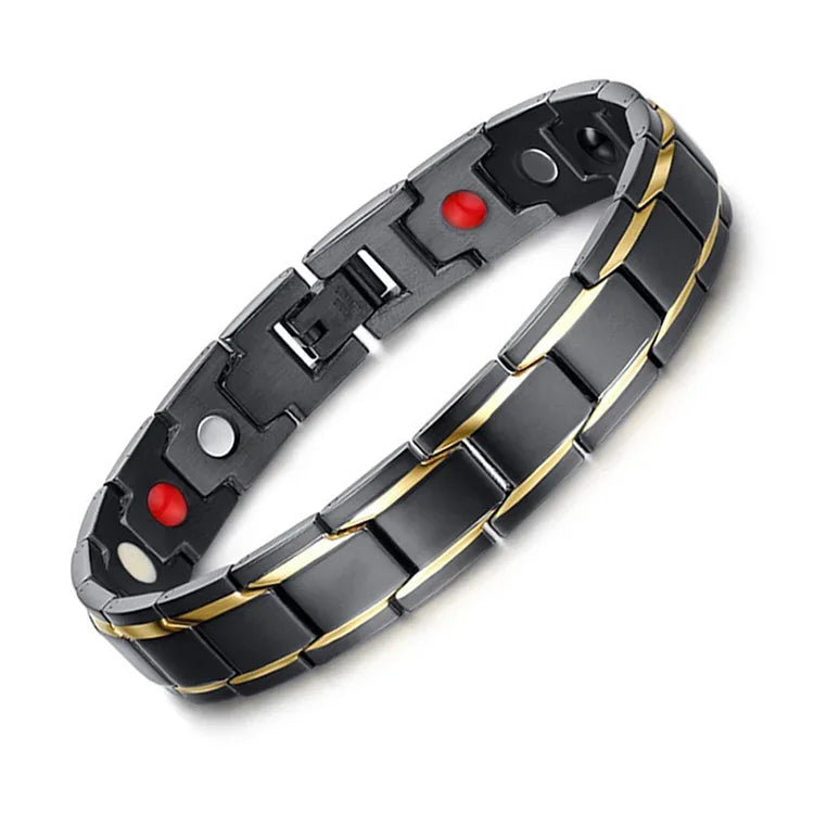 欧米スタイル ファッション メンズジュエリー ステンレス＋ゴールドメッキ 磁気健康ブレスレット、サイズ：12mm*22cm（ブラック＋ゴールド）、サイズ：12mm*22cm（ブラック＋ゴールド）