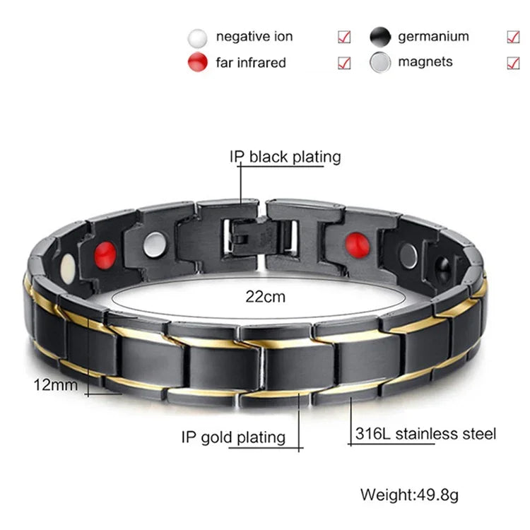 欧米スタイル ファッション メンズジュエリー ステンレス＋ゴールドメッキ 磁気健康ブレスレット、サイズ：12mm*22cm（ブラック＋ゴールド）、サイズ：12mm*22cm（ブラック＋ゴールド）