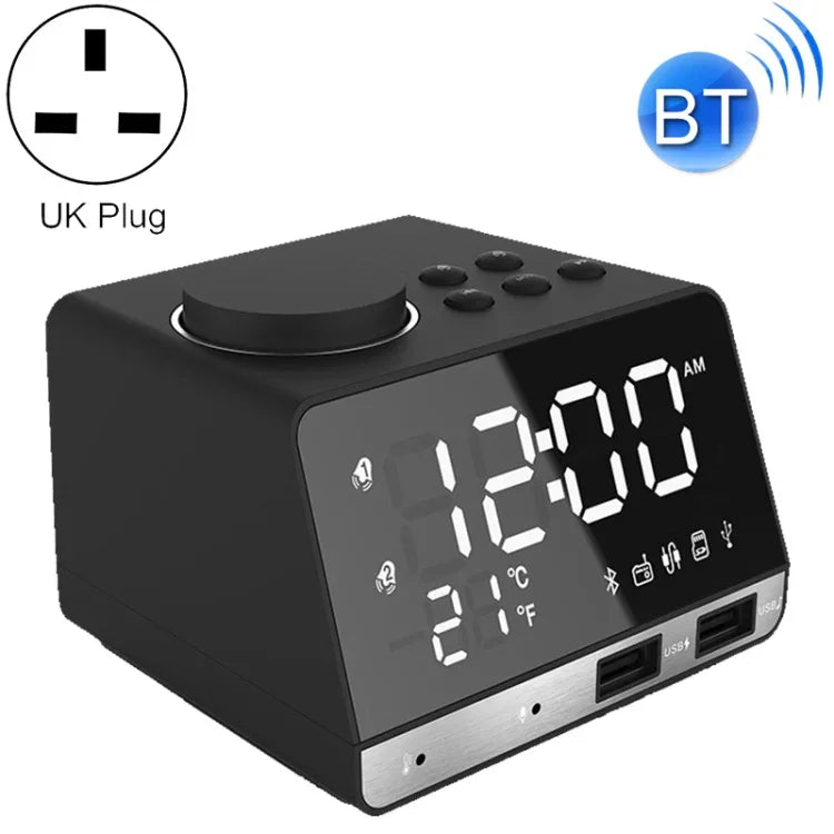 K11 Bluetooth アラームクロックスピーカー クリエイティブデジタルミュージッククロックディスプレイラジオ デュアルUSBインターフェース対応 Uディスク / TFカード / FM / AUX対応 UKプラグ ブラック、ホワイト