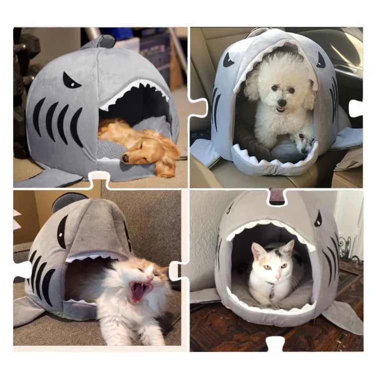 室内用ペット犬子犬猫用暖かいハウスシャークスペット用寝床巣、Mサイズ：50x50x48cm