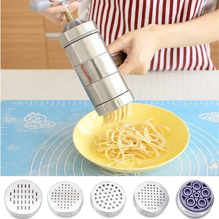 家庭用ステンレス製手動パスタマシン 手圧式麺機 5種類の型付き、圧力麺メーカー