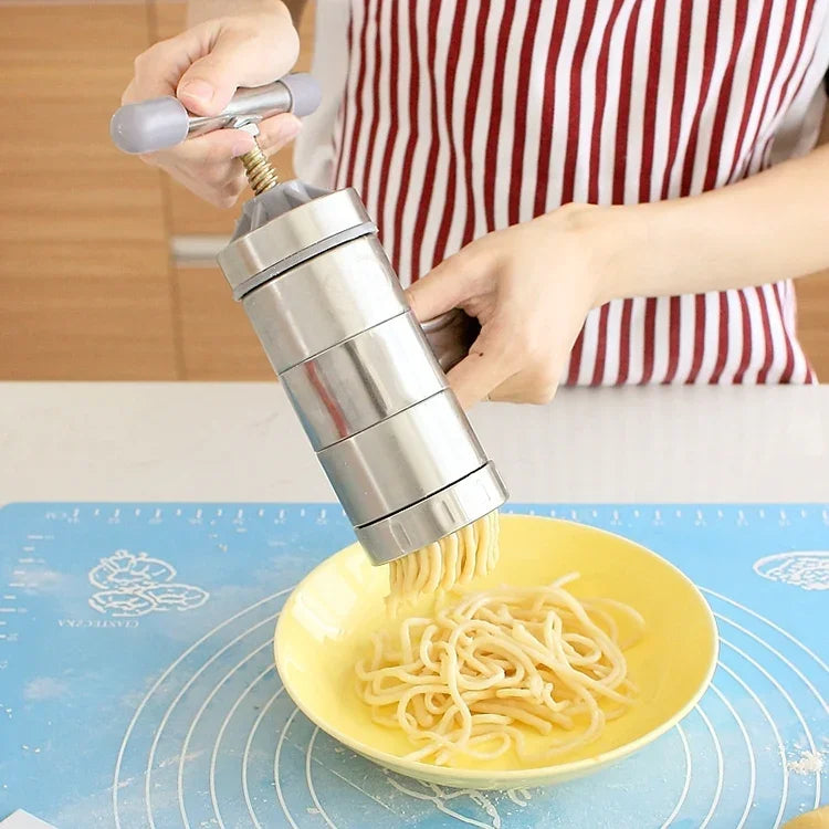 家庭用ステンレス製手動パスタマシン 手圧式麺機 5種類の型付き、圧力麺メーカー