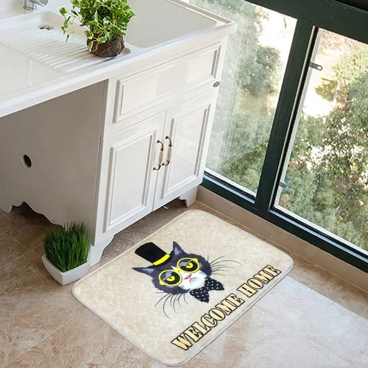 ドアマット 猫と犬柄フランネル長方形バスルームカーペット リビングルーム 寝室用 滑り止め 家庭用足マット、サイズ：50*80cm、柄：猫 サイズ：50*80cm