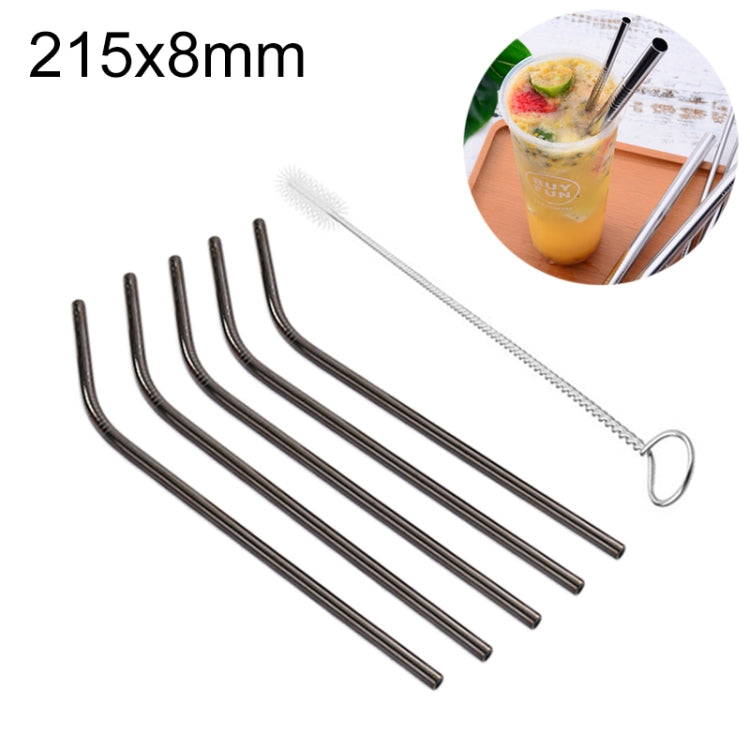 5本セット 再利用可能ステンレス製曲がり飲みストロー＋クリーナーブラシセット、215*8mm（曲がり）