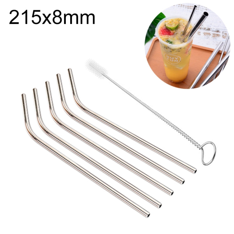 5本セット 再利用可能ステンレス製曲がり飲みストロー＋クリーナーブラシセット、215*8mm（曲がり）