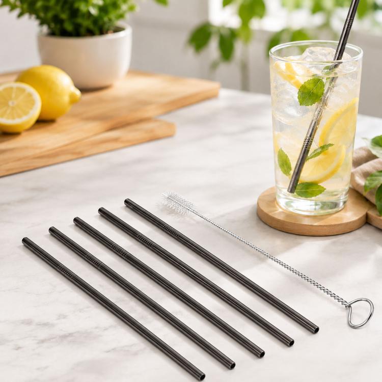 5本入り再利用可能ステンレス製ストレート飲みストロー＋クリーナーブラシセットキット、266*6mm、266*6mm（ストレート）