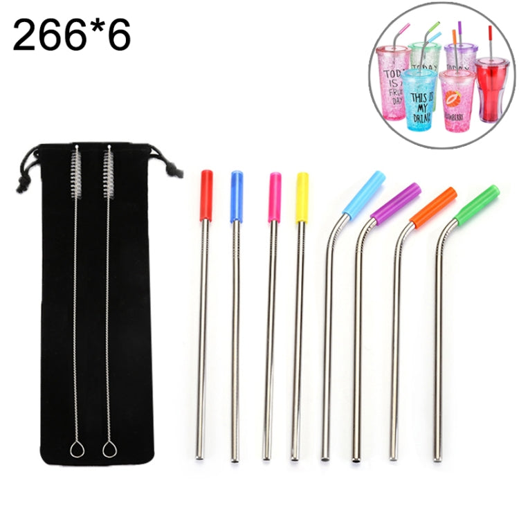 8個入り再利用可能シリコーンチップ ステンレス製飲みストロー＋2個クリーナーブラシセット カシミヤバッグ付き、266*6mm、266*6mm