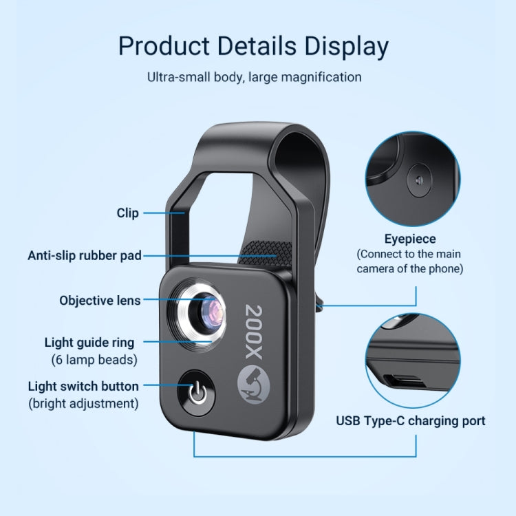APEXEL APL-MS002BK 200X HDユニバーサルポータブルスマホ顕微鏡 LEDライト付き、APL-MS002BK