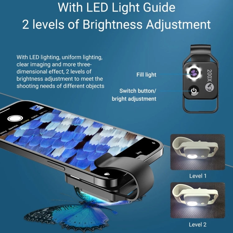 APEXEL APL-MS002BK 200X HDユニバーサルポータブルスマホ顕微鏡 LEDライト付き、APL-MS002BK