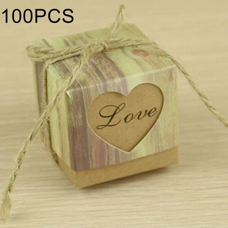 100枚入り結婚式用木目ハート型模様穴あきクラフト紙シュガーボックス、サイズ：5x5x5cm、黒ハート型、LOVEハート型