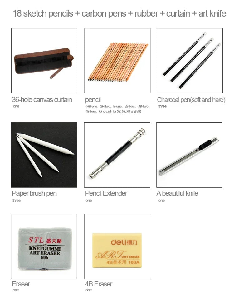 初心者用スケッチングツール（18本スケッチ鉛筆＋木炭鉛筆＋消しゴム＋ペンカーテン＋アートナイフ）スケッチセット