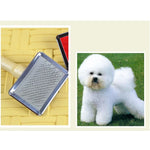 Manual pet grooming brush with wood handle and soft curved needles for effective pet grooming.