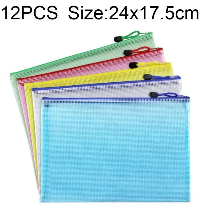 12個セット ジッパー付きプラスチックメッシュ文房具バッグ ランダムカラー配送（A5、サイズ：24x17.5cm）