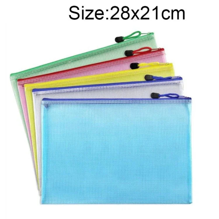 ジッパー付きプラスチックメッシュ文房具バッグ、ランダムカラー配送（B5、サイズ：28x21cm）、B5、サイズ：28x21cm