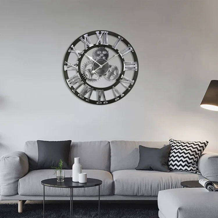 Retro Wooden Round Single-sided Gear Clock Rome Number Wall Clock, Diameter: 30cm, Rome Number 30cm