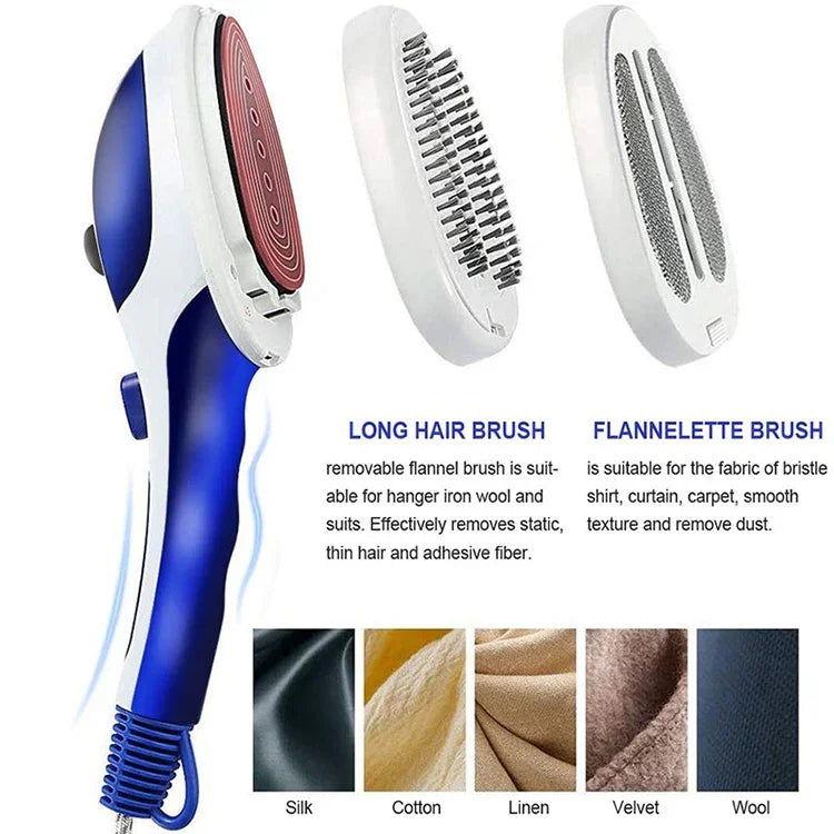 多機能家庭用ハンドヘルドスチーマー 旅行用携帯手持ちスチーム掛けアイロン セラミック底 フランネルブラシ＆ヘアブラシ＆計量カップ付き、EUプラグ、EUプラグ パープル、EUプラグ ブルー