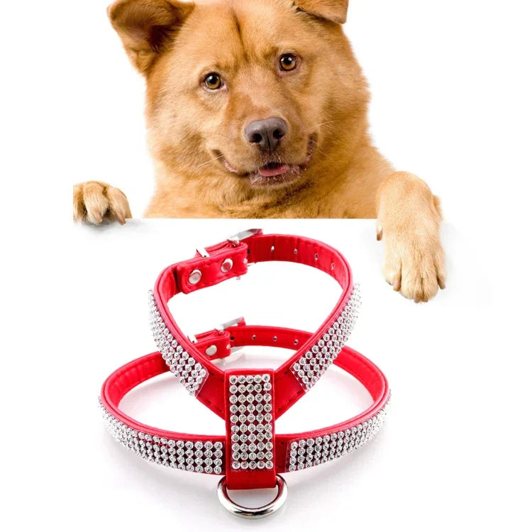 ラインストーンPUソフト通気性犬用ハーネス ペットベスト 犬用チェストストラップリード 犬用カラー、サイズ：M