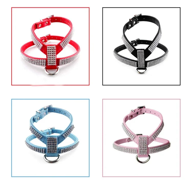 ラインストーンPUソフト通気性犬用ハーネス ペットベスト 犬用チェストストラップリード 犬用カラー、サイズ：M