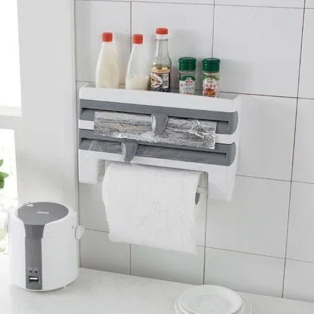 キッチン壁掛けラップホルダー ラップ収納ラック ハンガーラック カッティングデバイス サイズ：39 x 10 x 24cm グレー