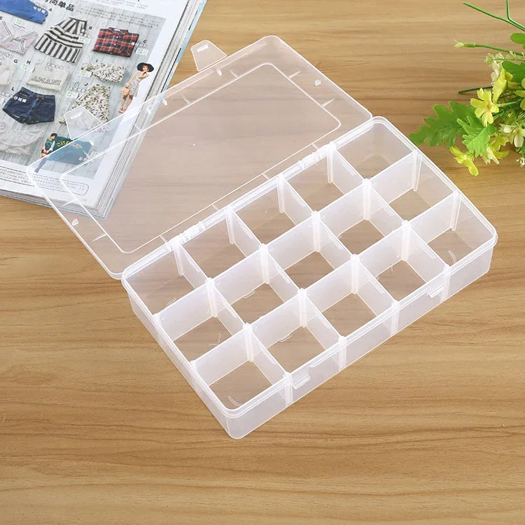 取り外し可能なグリッド仕切りプラスチックボックスオーガナイザー ジュエリーイヤリング釣り針小物用、大サイズ、15スロット、15スロット
