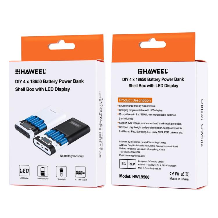 HAWEEL DIY 4 x 18650バッテリー（別売）10000mAh パワーバンクシェルボックス 2 x USB出力＆ディスプレイ付き iPhone、Galaxy、Sony、HTC、Google、Huawei、Xiaomi、Lenovo他スマートフォン対応、DIY 4 x 18650 10000mAh バッテリー（US）