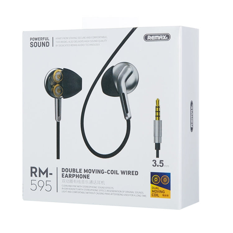 REMAX RM-595 3.5mm ゴールドピン インイヤーステレオ ダブルアクション メタルミュージックイヤホン ワイヤーコントロール + マイク付き ハンズフリー対応