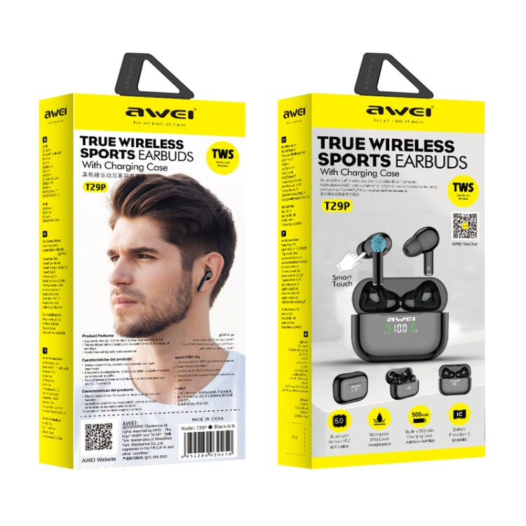 awei T29P Bluetooth V5.0 LED デジタルディスプレイ 真のワイヤレス スポーツ IPX4 防水 TWS ヘッドセット 充電ケース付き