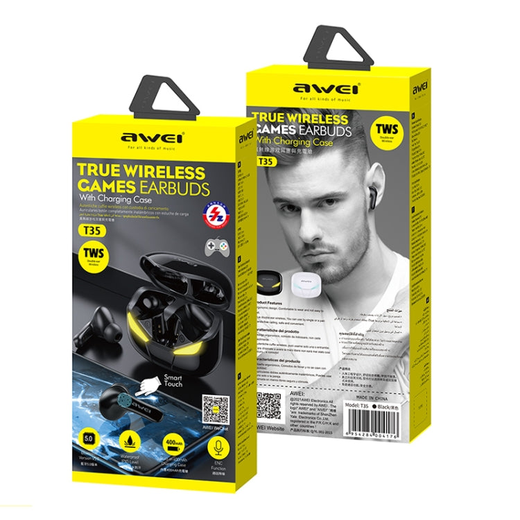 awei T35 Bluetooth V5.0 真のワイヤレス スポーツ ゲーム デュアルモード IPX5 防水 TWS ヘッドセット 充電ケース付き