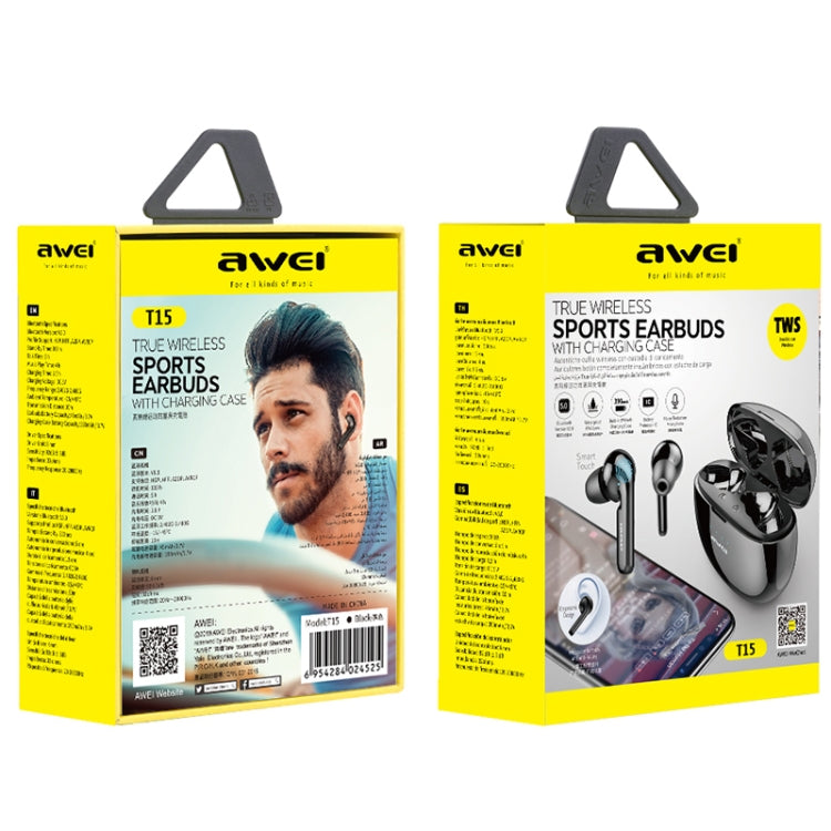 awei T15 TWS Bluetooth V5.0 トゥルーワイヤレススポーツヘッドセット 充電ケース付き, T15
