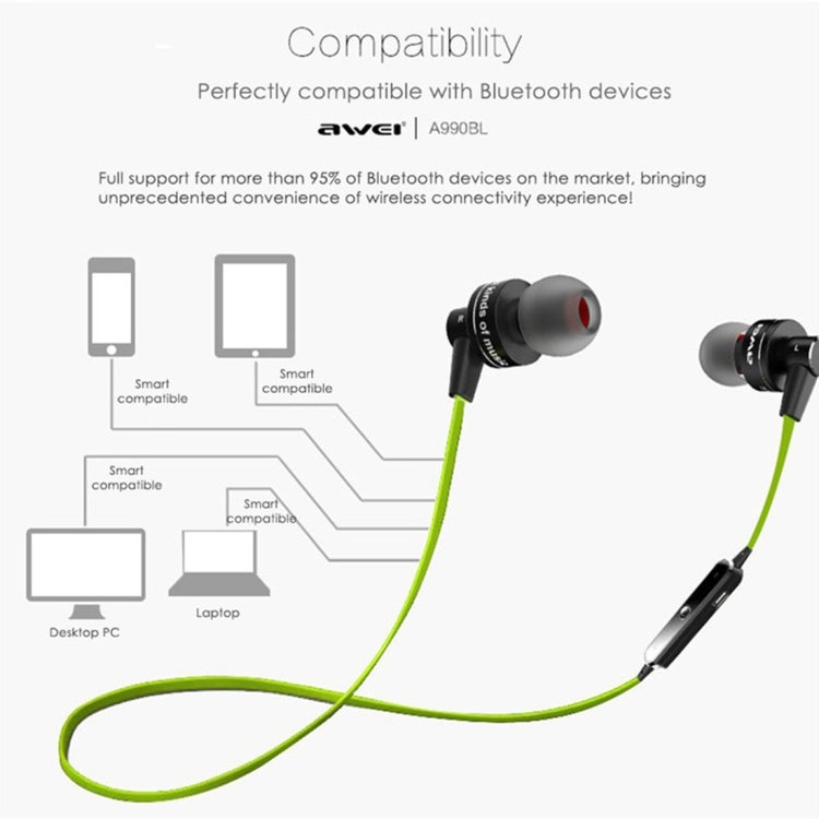 AWEI A990BL ワイヤレススポーツ Bluetooth ステレオイヤホン ワイヤーコントロール＋マイク付き、ハンズフリー通話対応