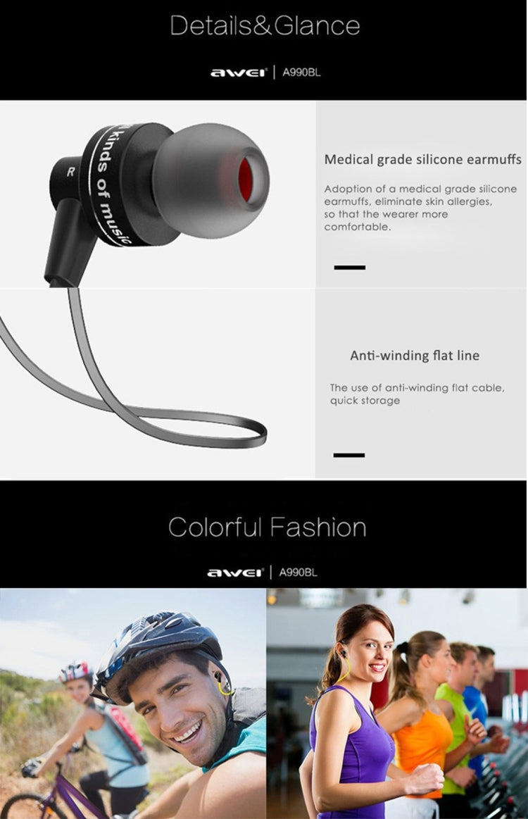 AWEI A990BL ワイヤレススポーツ Bluetooth ステレオイヤホン ワイヤーコントロール＋マイク付き、ハンズフリー通話対応