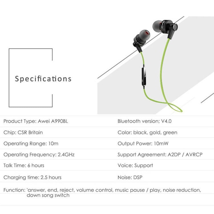 AWEI A990BL ワイヤレススポーツ Bluetooth ステレオイヤホン ワイヤーコントロール＋マイク付き、ハンズフリー通話対応