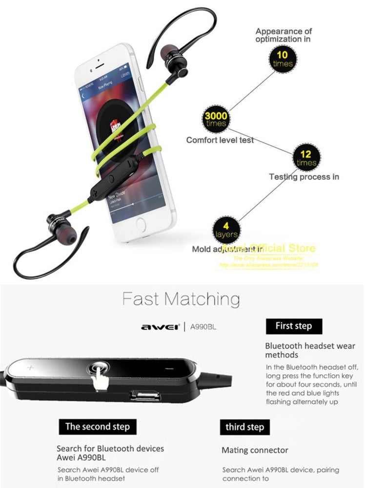 AWEI A990BL ワイヤレススポーツ Bluetooth ステレオイヤホン ワイヤーコントロール＋マイク付き、ハンズフリー通話対応
