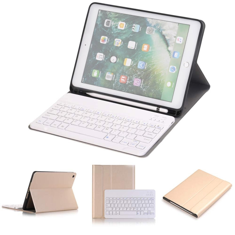 取り外し可能なBluetoothキーボード + ホルダー＆ペンホルダー付き横開きレザータブレットケース iPad Pro 9.7インチ、iPad Air、iPad Air 2、iPad 9.7インチ（2017）、iPad 9.7インチ（2018）用、A07B ブルー、A07B ローズゴールド、A07B ブラック、A07B ゴールド